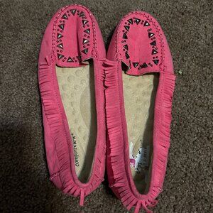 Comfortview Hot Pink Fringed Moccasin Slip-On Shoes‎ Vegan Suede 9.5